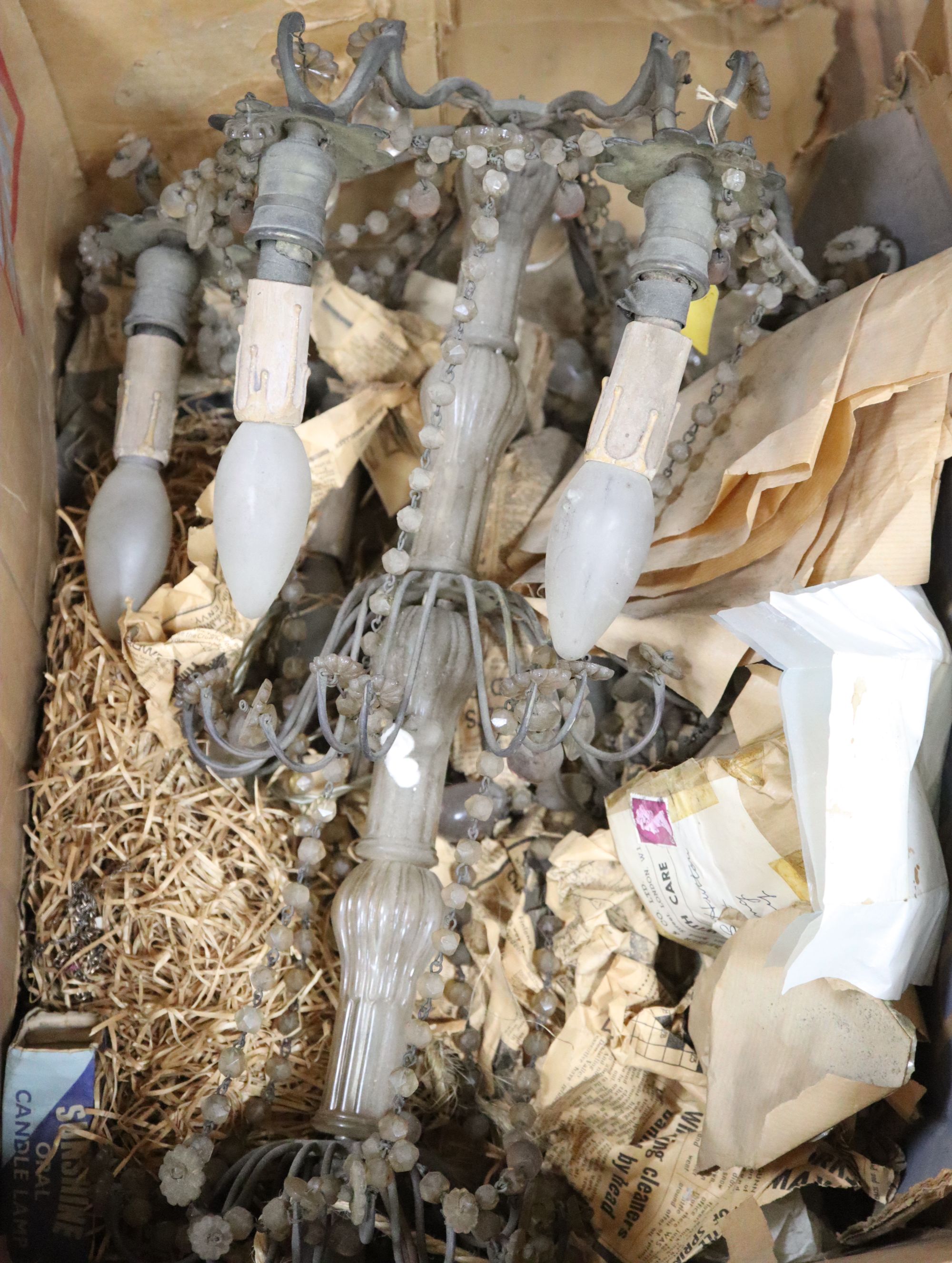 A glass six light chandelier, various betel nut cutters, Polymeter, seventeen various late 19th/early 20th century sketch books etc